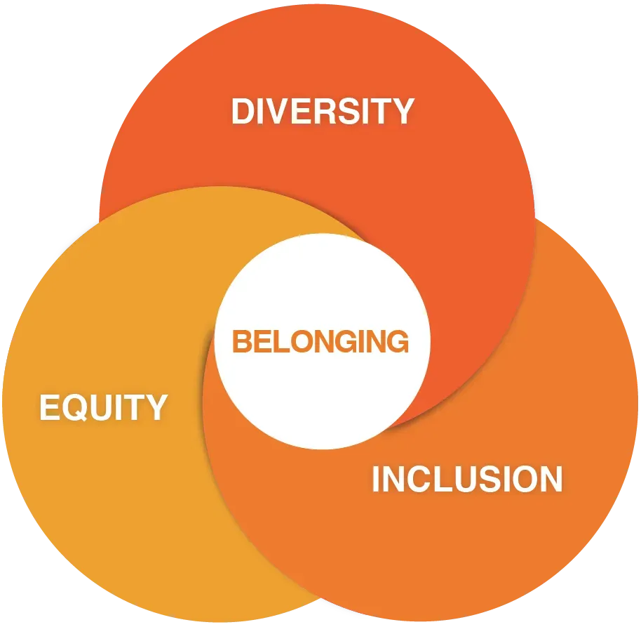 A Venn diagram of Diversity, Equity, and Inclusion overlapping to form Belonging