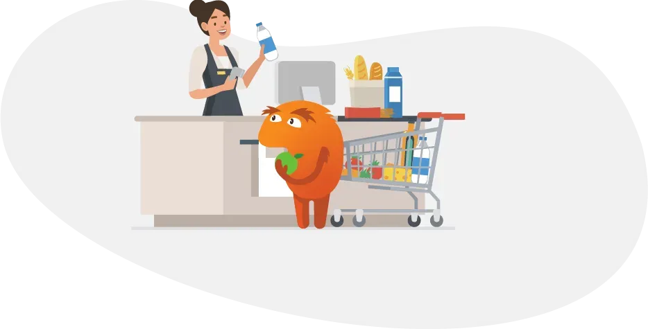 Illustration of a Briebug mascot shopping with groceries at a checkout