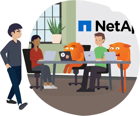 Illustration of Briebug and NetApp team members collaborating in an office