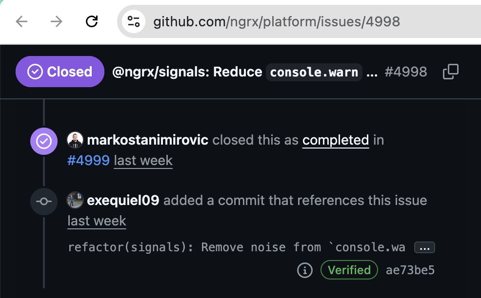 GitHub issue #4998 shown as Closed and completed, confirming that git bisect landed on commit ae73be5 - "refactor(signals): Remove noise from console.warn in tests"
